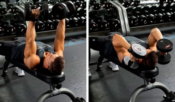 Французский жим лежа с гантелями Французский жим лежа с гантелями