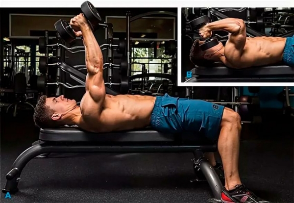 Французский жим лежа с гантелями Французский жим лежа с гантелями